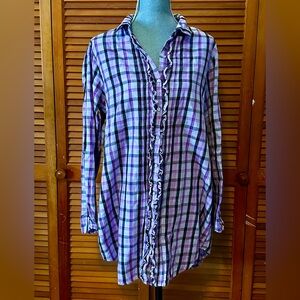Betsey Johnson Intimates Purple Plaid Ruffle Button-Down Sleep Shirt